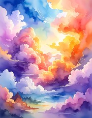 Colorful, whimsical cloudscape, like a vibrant watercolor painting, with a bright light shining from behind