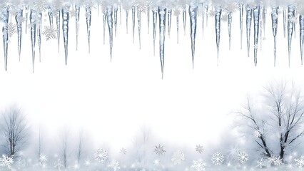 Icy winter scene with long icicles at the top, frosted trees below, and falling snowflakes filling the frame