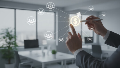 business goal revenue target audience. Digital interaction symbolizing finance and networking in a modern office setting.
