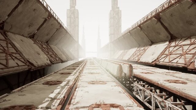Washed concrete overpass under harsh light, endless vanishing lines, embossed manhole covers, metal catwalk, elevated tracks, sun glare creating blown