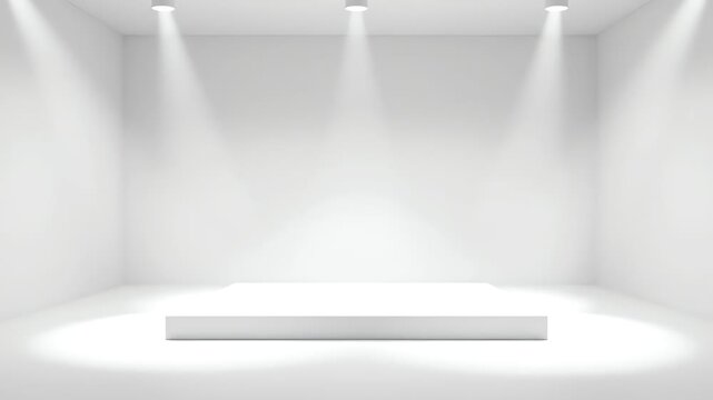 Spotlit empty white room with a raised platform in the center, featuring a minimalist interior design with focused overhead lighting.