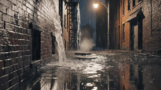 Urban alleyway rain scene with brick buildings and wet cobblestone street