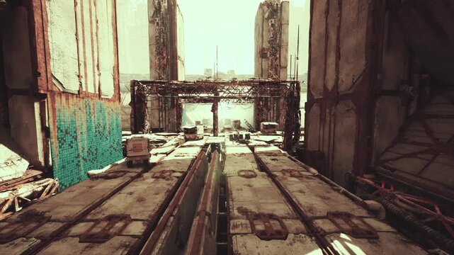 industrial rail corridor with rusted tracks, long tracking shot through sunlit freight tunnel, concrete walls streaked with teal graffiti, overhead gantry