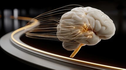 A futuristic brain showcases neural links and light patterns on a dark background, emphasizing tech's role in data processing