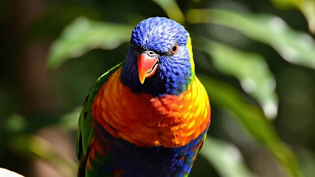 Vibrant parrot head portrait amid lush greenery, evoking a sense of tropical wonder. Perfect for travel, nature, or wildlife-themed content.