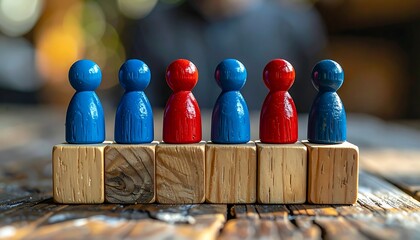 Colorful wooden figures arranged on wood blocks, showcasing teamwork or diversity against a blurred, bokeh background