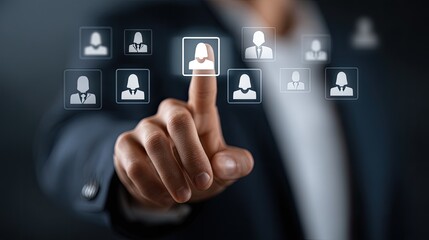 Businessman uses finger to touch virtual screen with social network icon on dark background, engaging in employee search activity