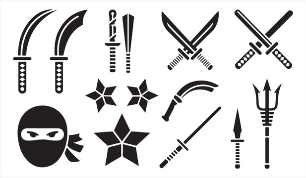 Black silhouette ninja weapons and combat symbols