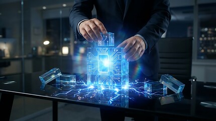 Businessman Interacting with Futuristic Holographic Display in Modern Office.