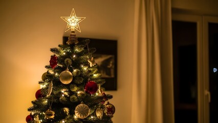 Warm Christmas Tree Lights Glow in Cozy Living Room.