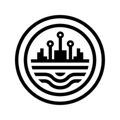 Environmental monitoring seal showing industrial activity, data tracking, and global sustainability challenges.