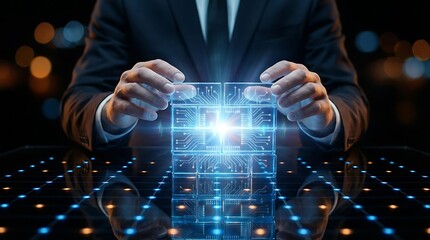 Businessman holding glowing digital cube representing data and technology.