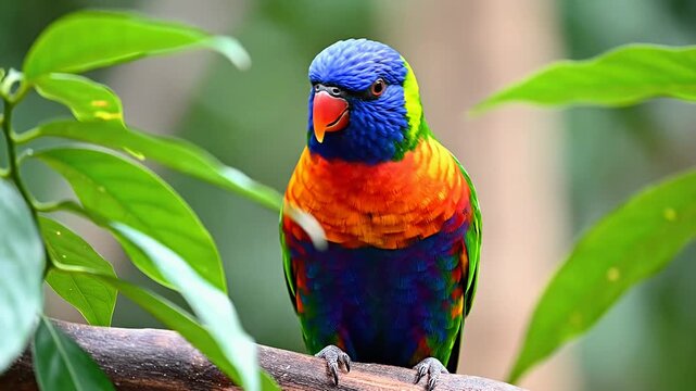 A vibrant lorikeet perches amongst vibrant green leaves, evoking a sense of natural wonder and exotic beauty &ndash; perfect for travel or nature-themed mar