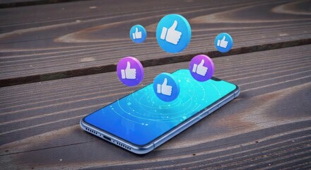 Smartphone with social media likes and thumbs up icons on a wooden table background