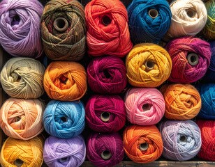 Colorful yarn spools stacked neatly on shelves, varied vibrant hues. Textured wool for crafting and textile projects
