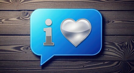 Blue speech bubble with heart and information icon on wooden background