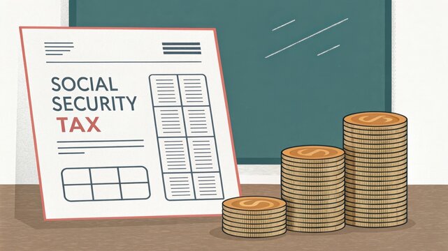 Social Security taxes. Tax document and coins representing financial planning and social security contributions.