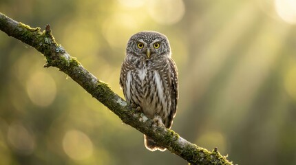 Obraz premium Small Eurasian pygmy owl with yellow eyes perches on a mossy branch, staring intently at the camera with a soft, golden hour backlight and a blurred forest background