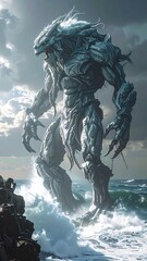 Colossal stone creature emerges from rough seas, under a dramatic sky, with rocks in the foreground