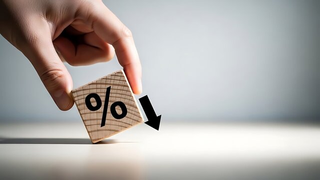 Hand holding wooden cube with percentage sign and downward arrow on white table