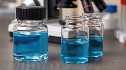 Test tubes with blue liquid stand next to a modern microscope on a table in a laboratory setting with a simple background.