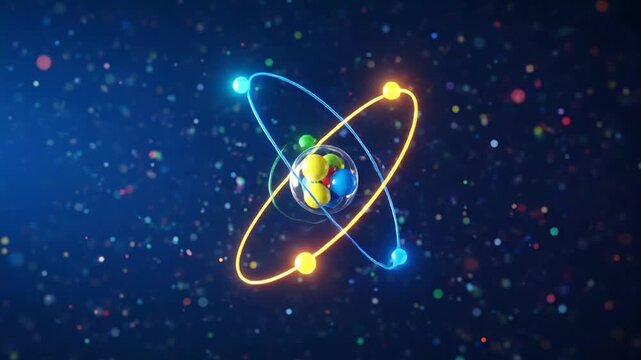 A vibrant, abstract, digitally rendered illustration of an atom with colorful orbiting particles