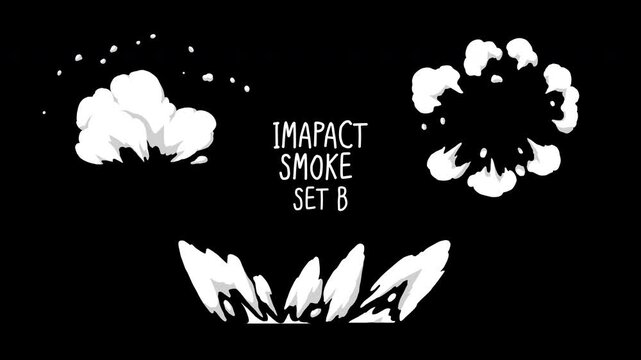 Hand-drawn impact smoke animation effects, ground hit smoke burst and circular explosion on transparent background, alpha channel