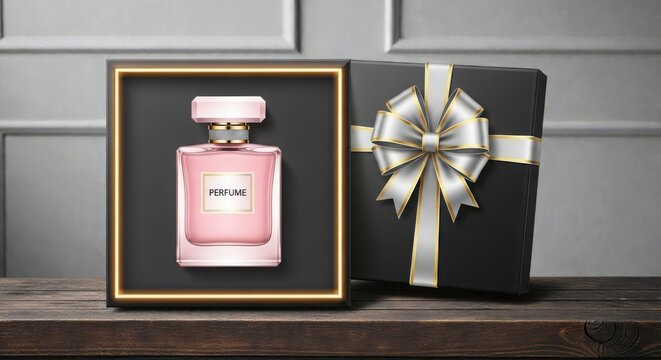 Gift set with pink perfume bottle and black gift box with gold ribbon on wooden table against grey wall