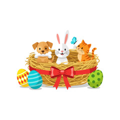 Obraz premium Easter Basket with Adorable Animals and Decorated Eggs.