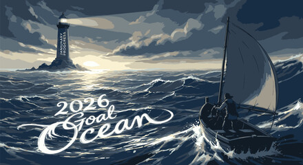 Sailboat Sailing on Ocean with Lighthouse. © Suryaaji