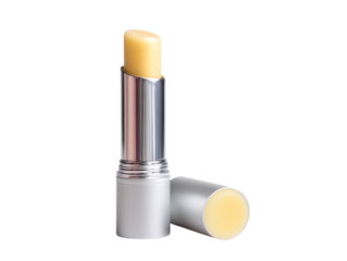 Lip balm stick close-up. The close up of lip balm, presented in a sleek silver case, with soft lighting and a focus on texture and detail. Isolated Transparent Background, PNG