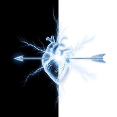 Obraz premium Electric Blue Anatomical Heart – Pierced by Arrow with Sparks on Split Black-White Background for Dramatic Love Graphics