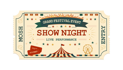 Vintage festival event ticket with circus tent, ferris wheel, stars and ribbon typography. Retro admission coupon template for concert, show, fair promotions in vector style. © Valeriia
