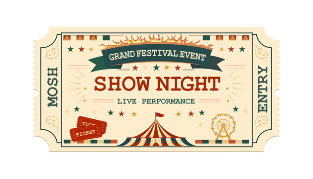 Vintage festival event ticket with circus tent, ferris wheel, stars and ribbon typography. Retro admission coupon template for concert, show, fair promotions in vector style.
