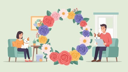 Naklejka na ściany i meble Cozy scene with people, dogs, and floral wreath