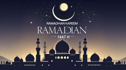 Ramadan Kareem 1447 H - A Beautiful Islamic Illustration Featuring a Mosque Under a Crescent Moon and Stars