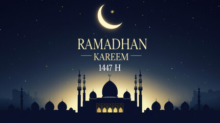 Beautiful nocturnal illustration featuring a crescent moon, twinkling stars, and an elegant mosque silhouette, symbolizing a sacred period of reflection and celebration