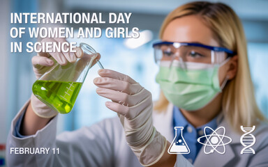International day of women and girls in science celebrated with a female researcher performing an experiment in a laboratory