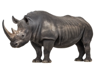 A majestic rhinoceros stands confidently, showcasing its impressive horn. The rhinoceros's thick skin and powerful build are on full display Isolated Transparent Background, PNG