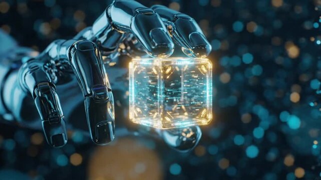 Robotic Hand Holding Glowing Digital Data Cube in Futuristic Setting