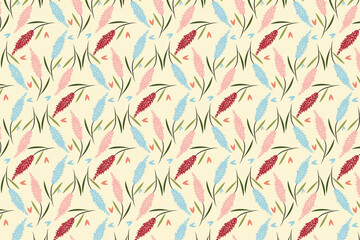 Fototapeta premium Pastel floral grass seamless pattern with simple green and olive stems and leaves on a pale , neutral background 