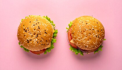 Cheeseburger flat lay, top view, pastel pink background ingredient