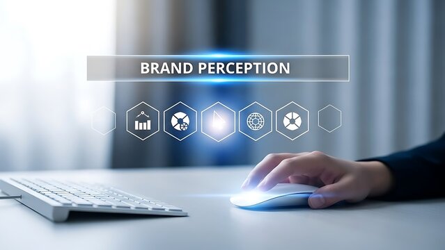 Businessperson analyzing brand perception on computer with marketing metrics icons