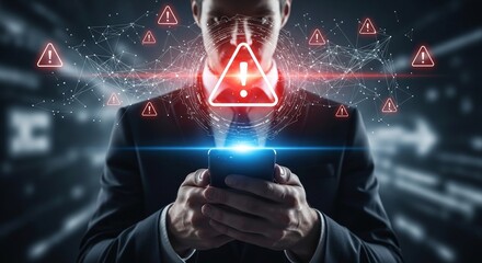 Unrecognized Businessman Using Smartphone with Rising Digital Alert Symbol