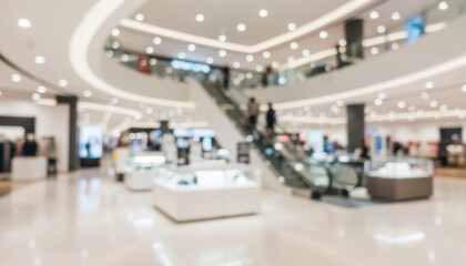 Obraz premium Blurred shopping mall with bright lighting and retail storefronts