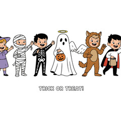 Naklejka premium Children in Various Halloween Costumes Standing Together.