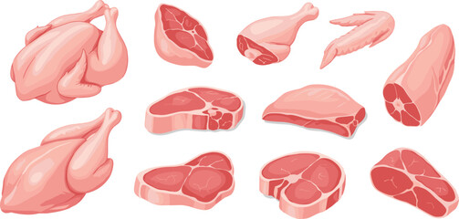 Raw meat and poultry cuts collection vector illustration set featuring chicken and beef portions for butcher shop, food market, and cooking designs