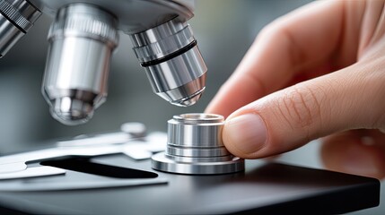 Fototapeta premium Scientist focuses on a microscope in a laboratory, observing samples and conducting research on various materials and structures
