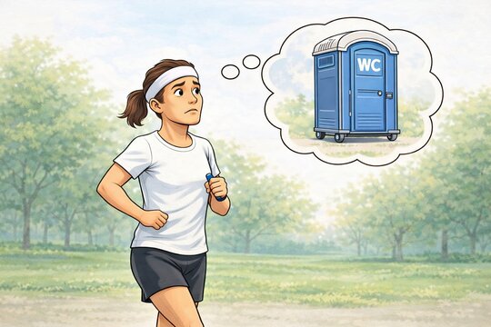 Joggerin mit pl&ouml;tzlichem Toilettendrang beim Laufen im &ouml;ffentlichen Raum
