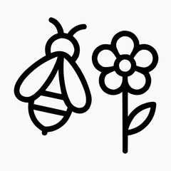 Line icon of a bee and a flower &mdash; pollination, black on white, square minimalist style